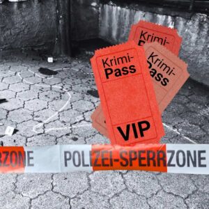 Das Bild zeigt das Titelbild des Krimi-Pass. Zu sehen ist eine Krimi-Szene und Tickets für den Krimi-Trail