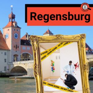 Krimi-Trail Regensburg JGA – Ermittler untersuchen Tatort vor historischer Kulisse mit Steinbrücke und Altstadt
